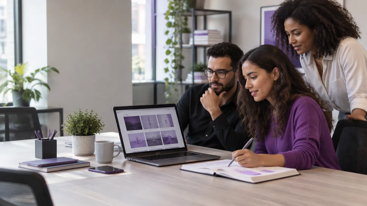 Equipe de marketing planejando conteúdos para um blog corporativo em um escritório