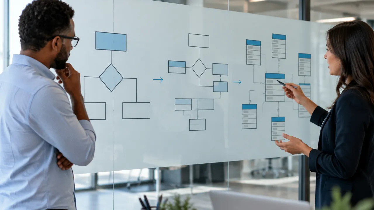 Equipe de negócio e dados desenha relações entre entidades em um quadro de vidro