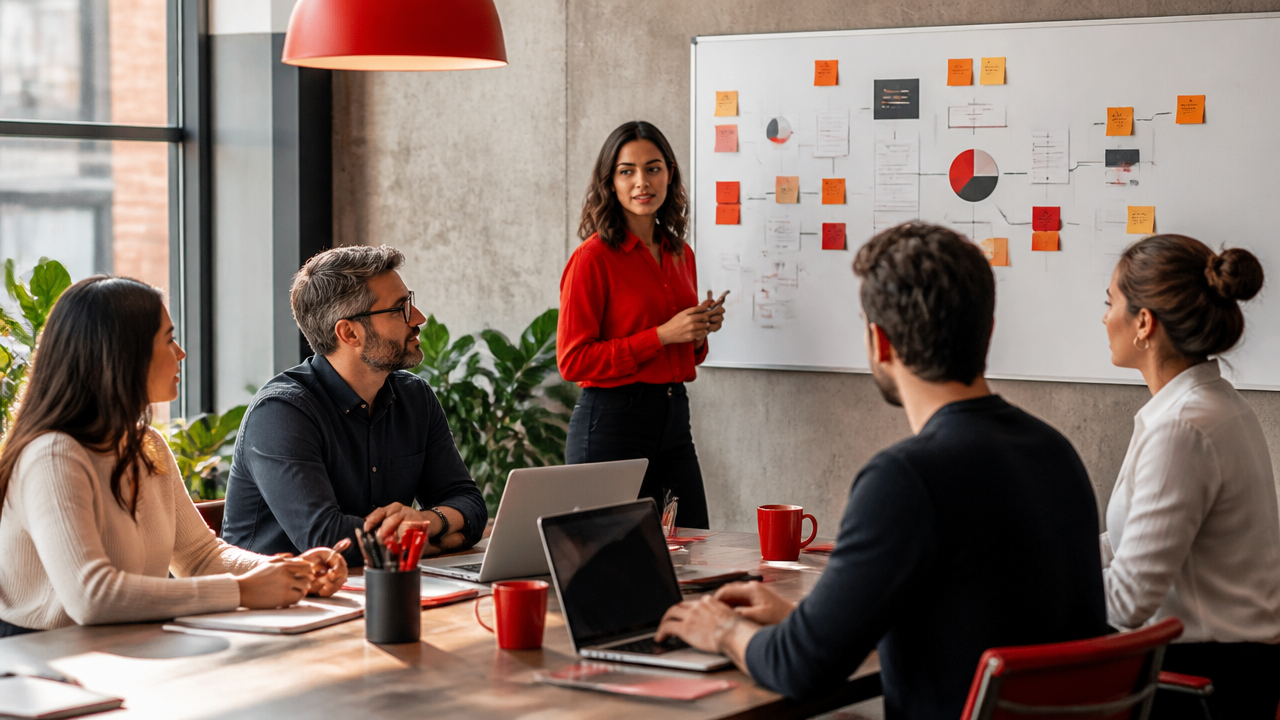 Equipe de negócios discutindo aplicações corporativas de inteligência artificial generativa