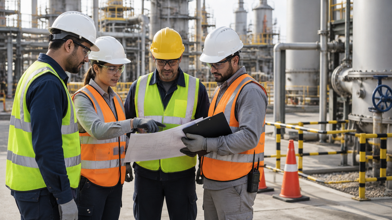 Equipe de operação, segurança e contratada alinhando riscos e limites do trabalho antes de iniciar uma atividade industrial