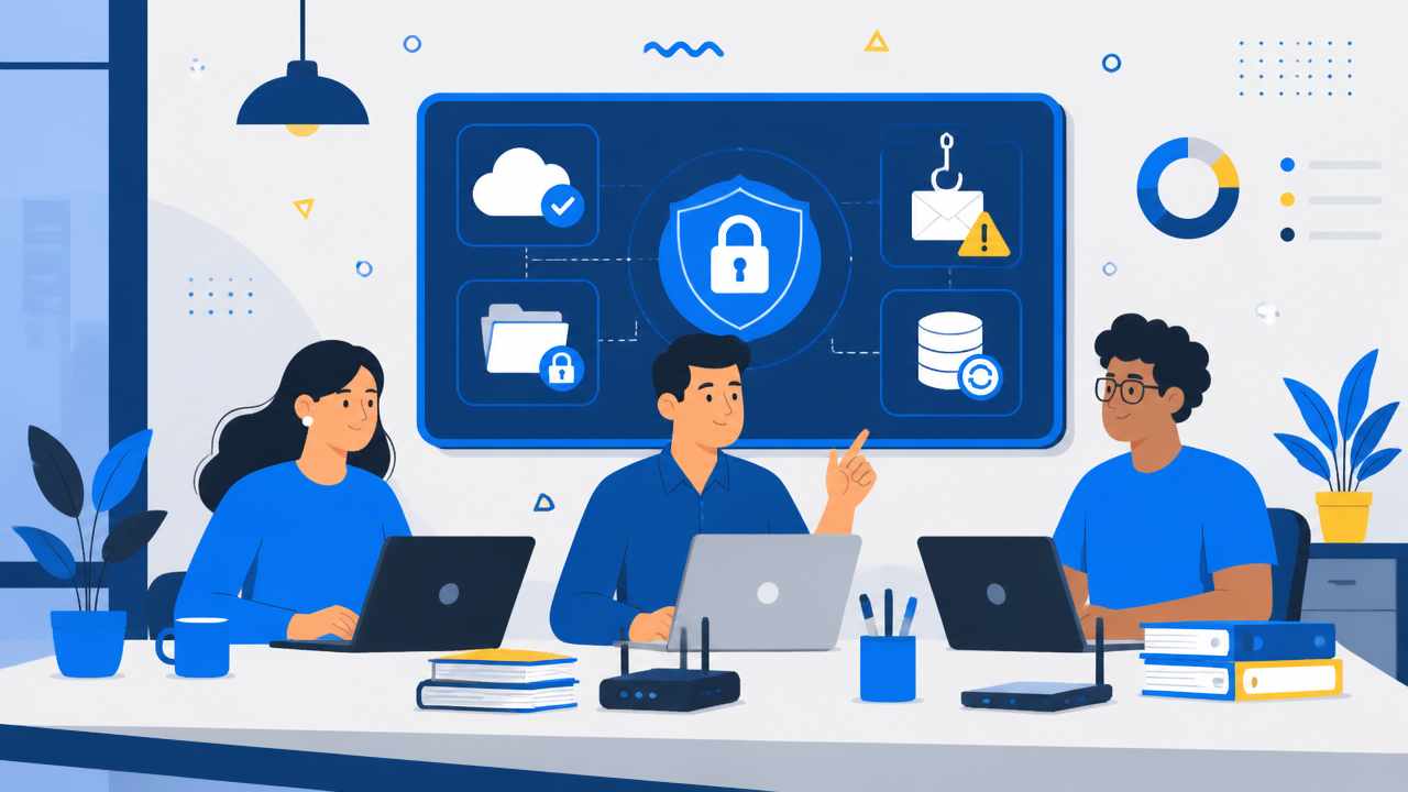 Equipe de pequena empresa analisando práticas de segurança digital em um escritório com ícones de proteção de dados ao fundo