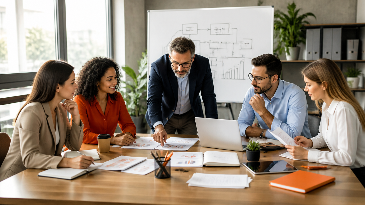 Equipe de pequena empresa reunida em escritório planejando crescimento com organização e liderança