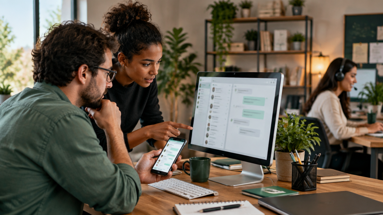 Equipe de pequeno negócio organizando conversas de clientes no computador e no celular