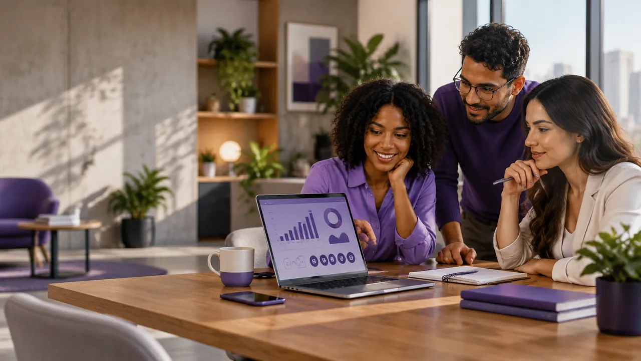 Equipe de pequenos negócios planejando uma estratégia de marketing digital com notebook e métricas