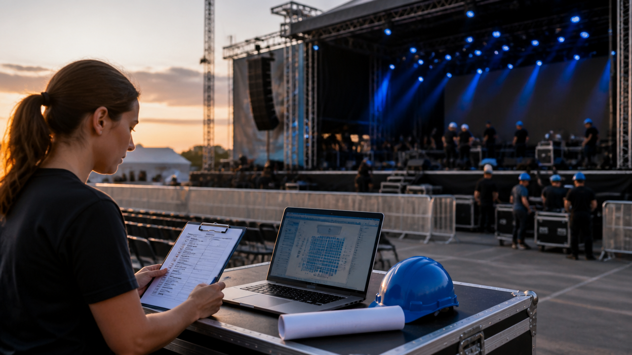 Equipe de produção organizando um show com palco ao fundo e planejamento de ingressos em primeiro plano