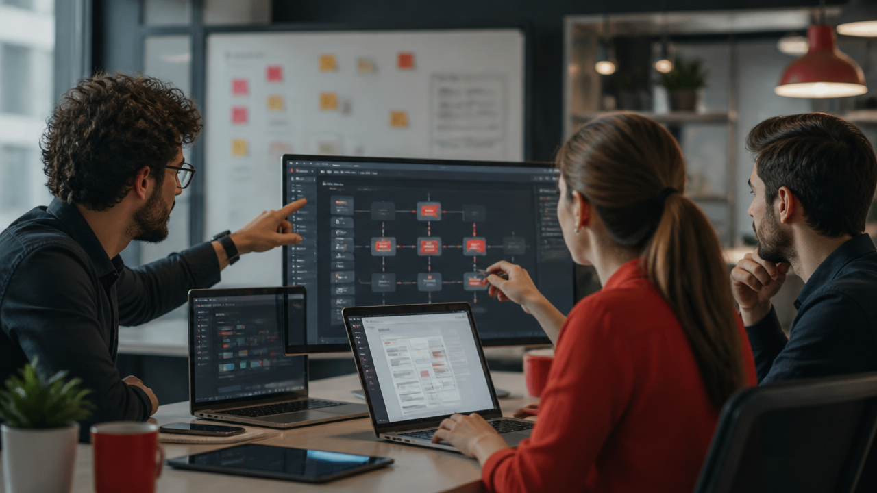 Equipe de produto planejando um software por assinatura com recursos de IA e low-code em ambiente colaborativo