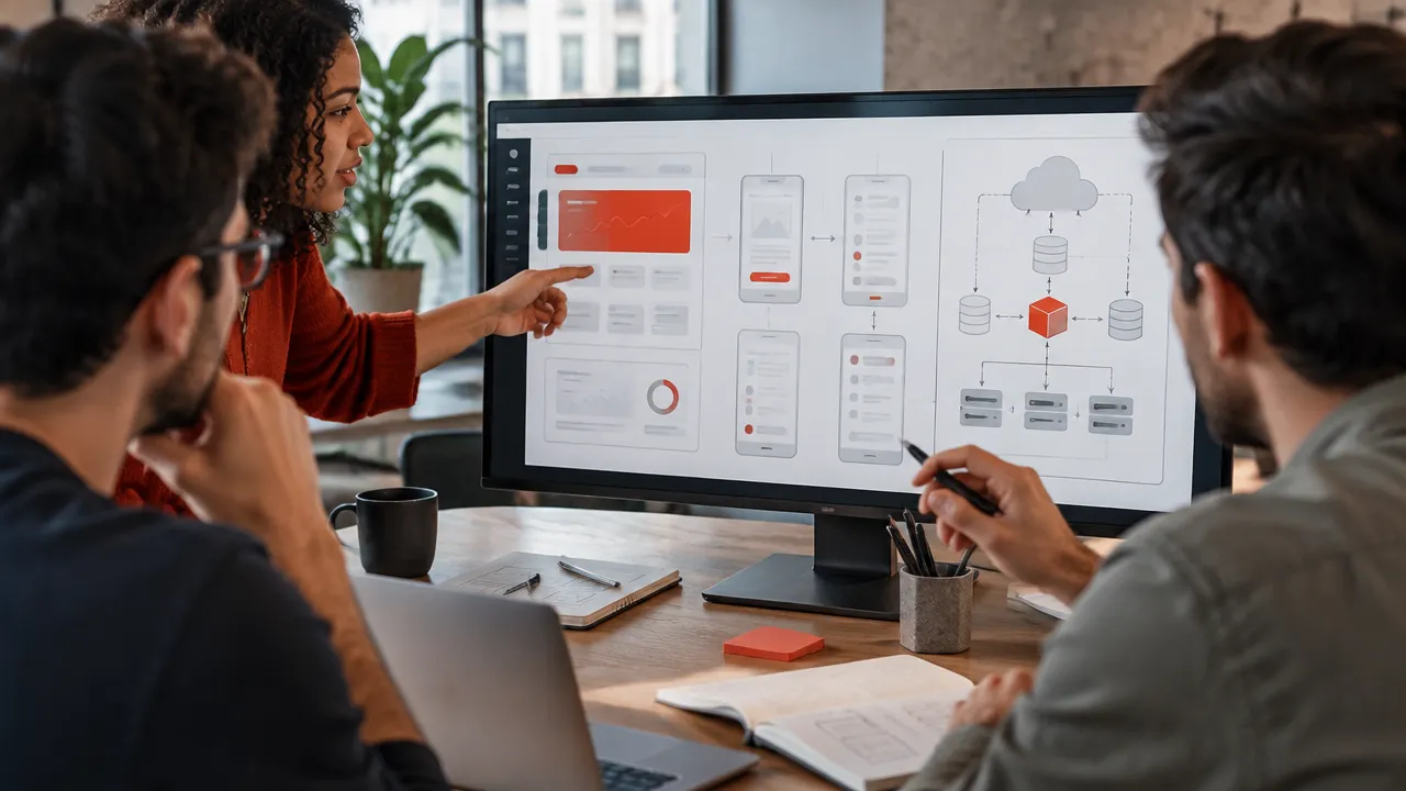Equipe de produto revisando wireframes de um MVP para software SaaS