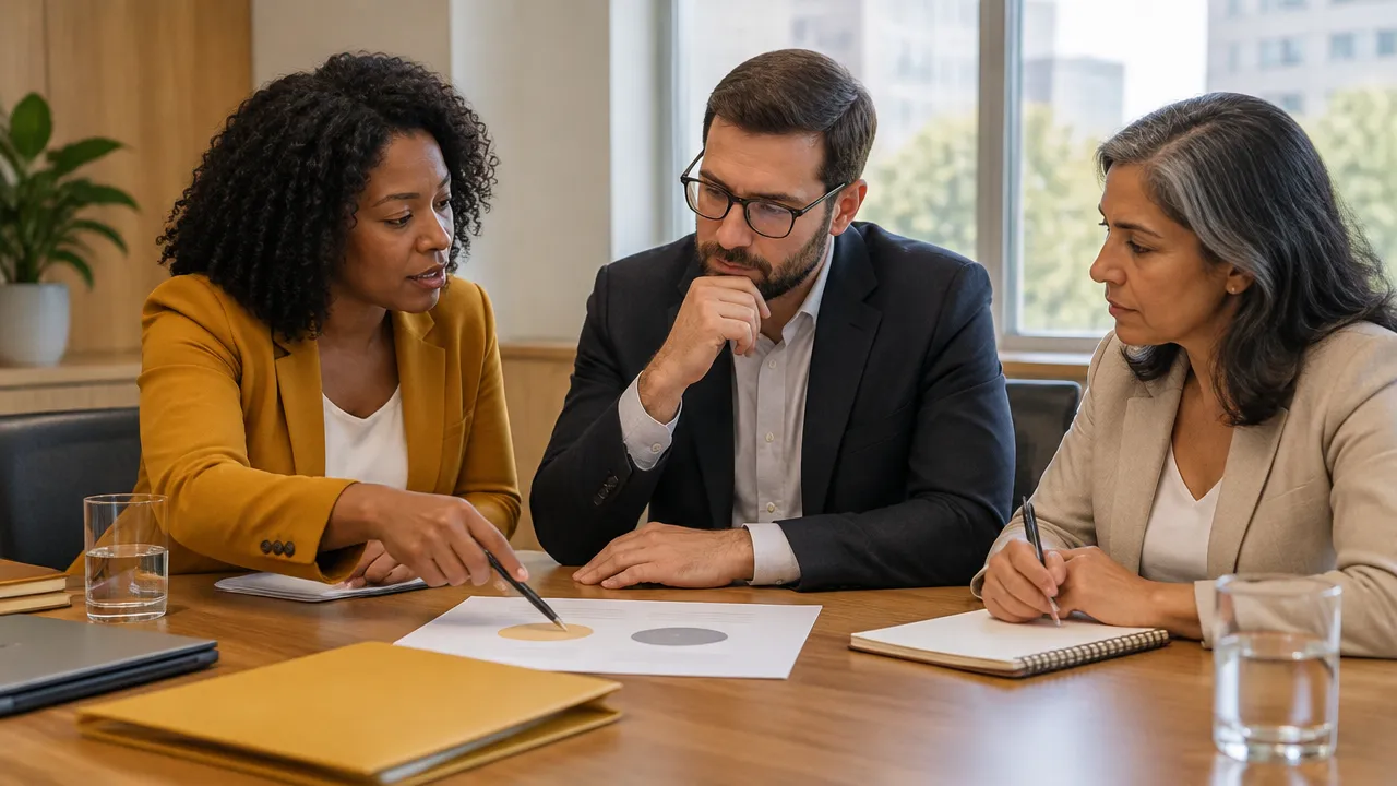 Equipe de profissionais públicos avalia uma decisão administrativa em reunião, considerando alternativas e consequências.