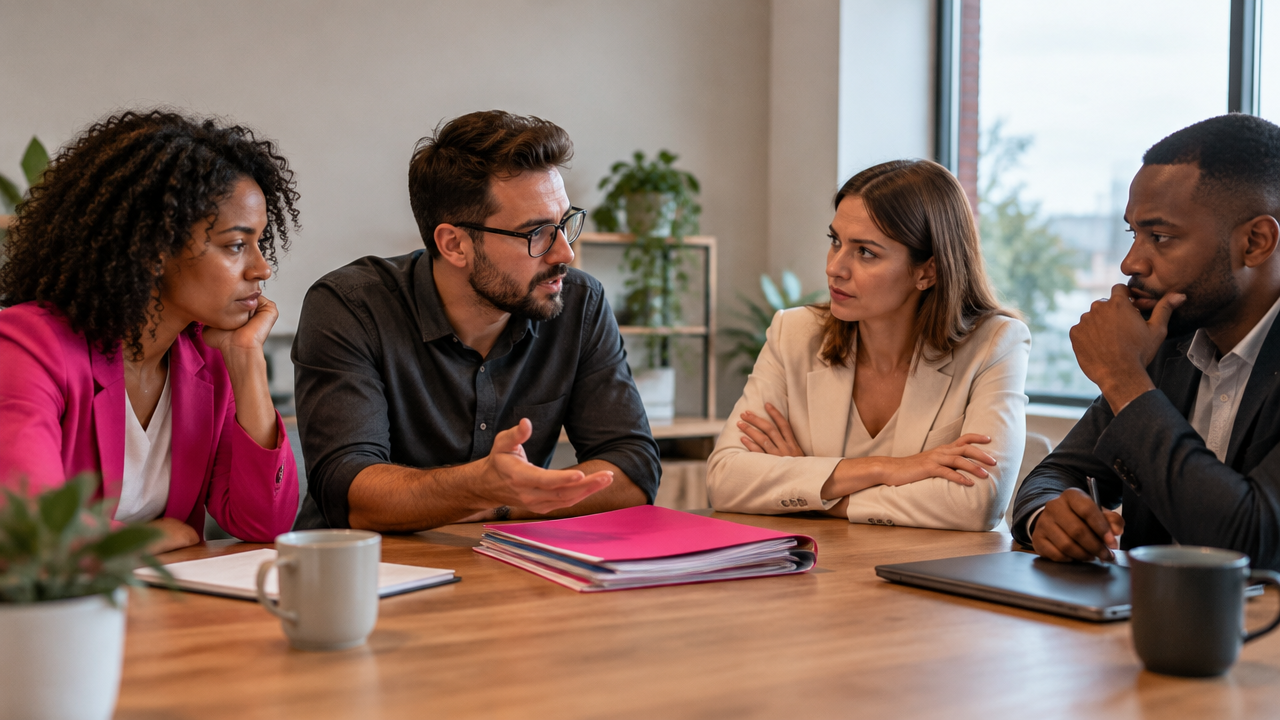 Equipe de projeto em reunião, com poucos recursos sobre a mesa e sinais sutis de tensão na colaboração.
