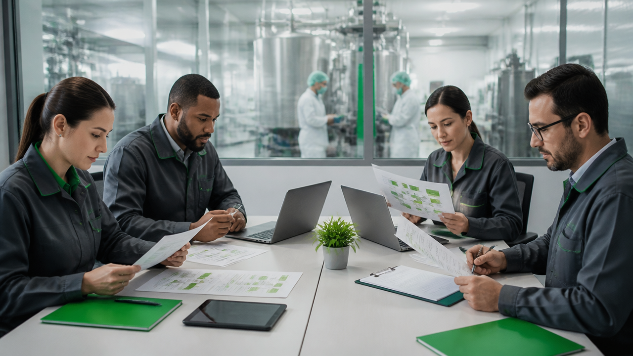 Equipe de qualidade revisando documentação de segurança de alimentos em ambiente industrial