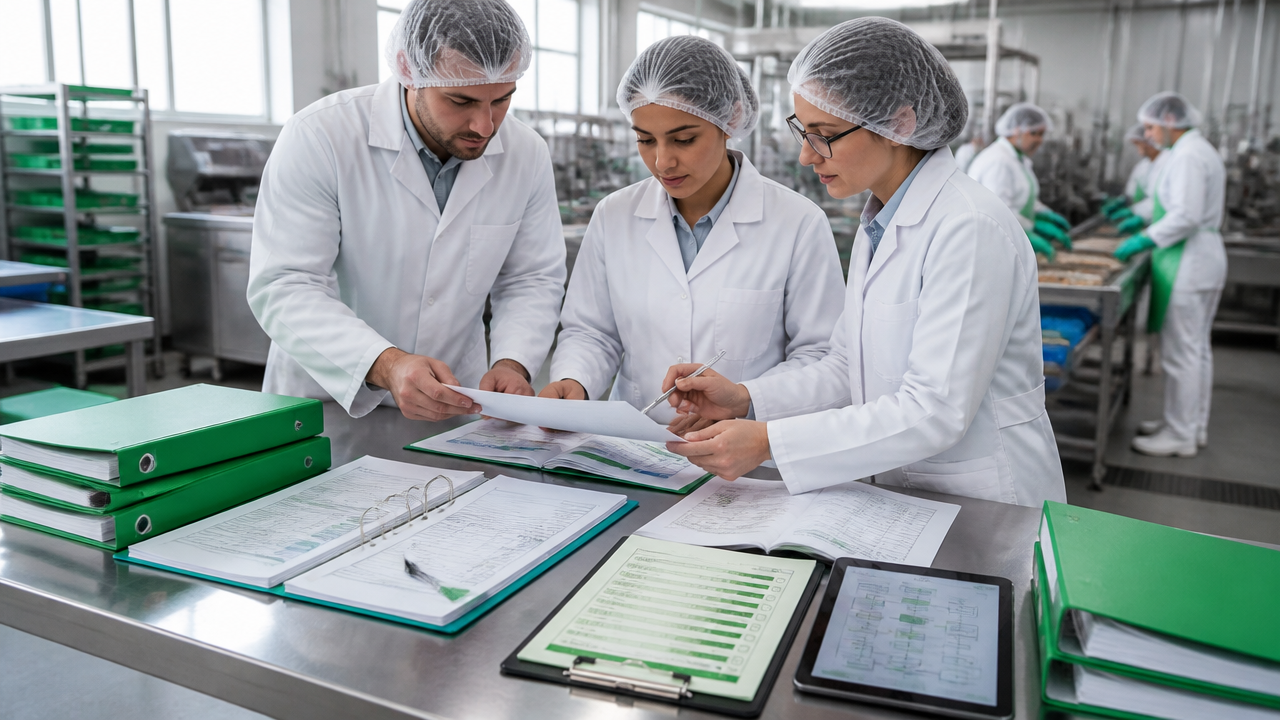 Equipe de qualidade revisando documentos para certificação IFS Food em uma indústria de alimentos