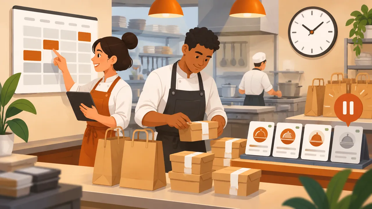 Equipe de restaurante ajustando os horários disponíveis conforme a capacidade de preparo e entrega