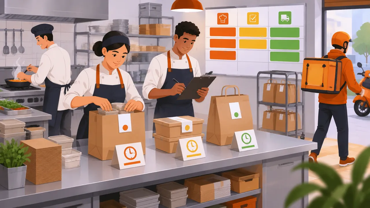 Equipe de restaurante separa e confere pedidos de delivery conforme horários agendados
