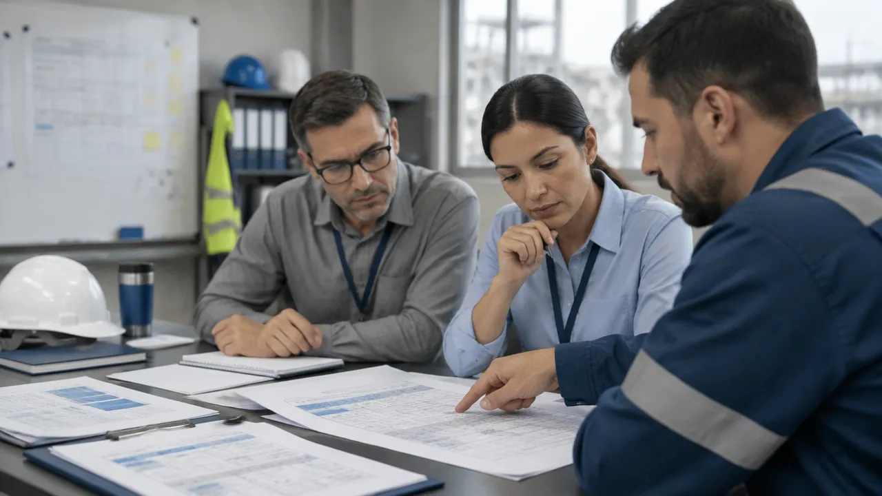 Equipe de RH, SST e operações revisando uma matriz de capacitação por função