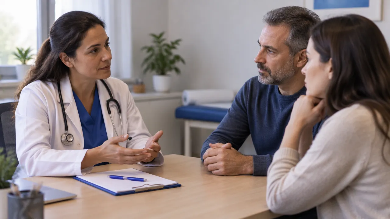 Equipe de saúde conversa com paciente e familiar para deliberar sobre uma decisão clínica