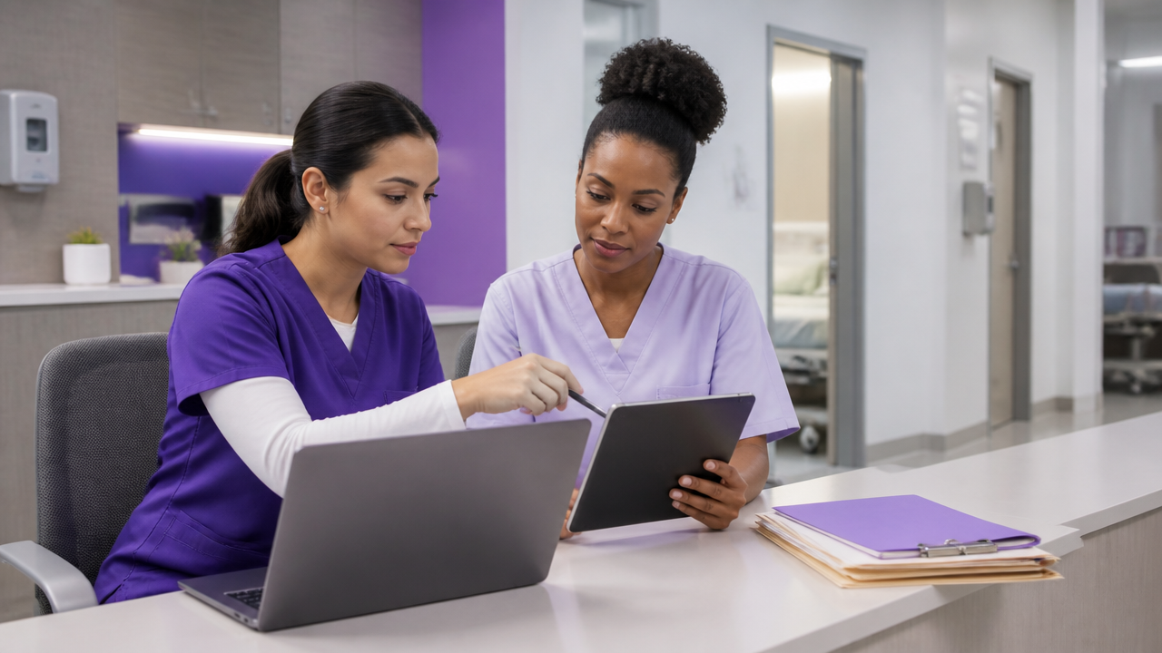 Equipe de saúde em ILPI revisando registros digitais em notebook e tablet no posto de enfermagem