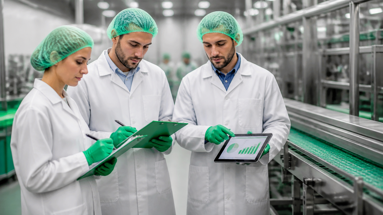 Equipe de segurança de alimentos analisando requisitos de certificação em fábrica moderna