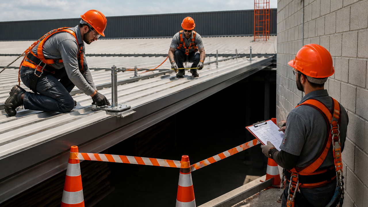 Equipe de segurança inspecionando telhado industrial, obstáculos e área isolada antes da instalação de uma linha de vida.