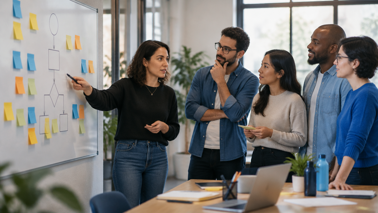 Equipe de startup colaborando em uma retrospectiva para identificar obstáculos e testar melhorias