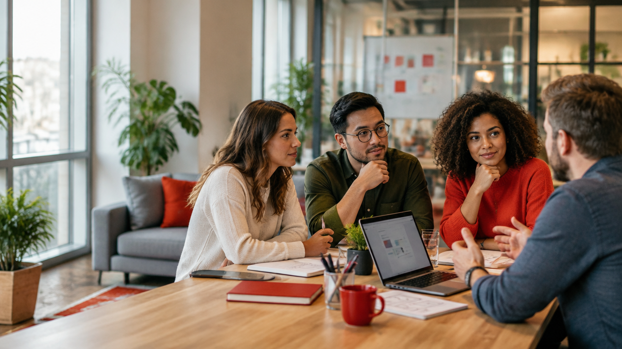 Equipe de startup conversa com um cliente potencial enquanto analisa um protótipo de software.