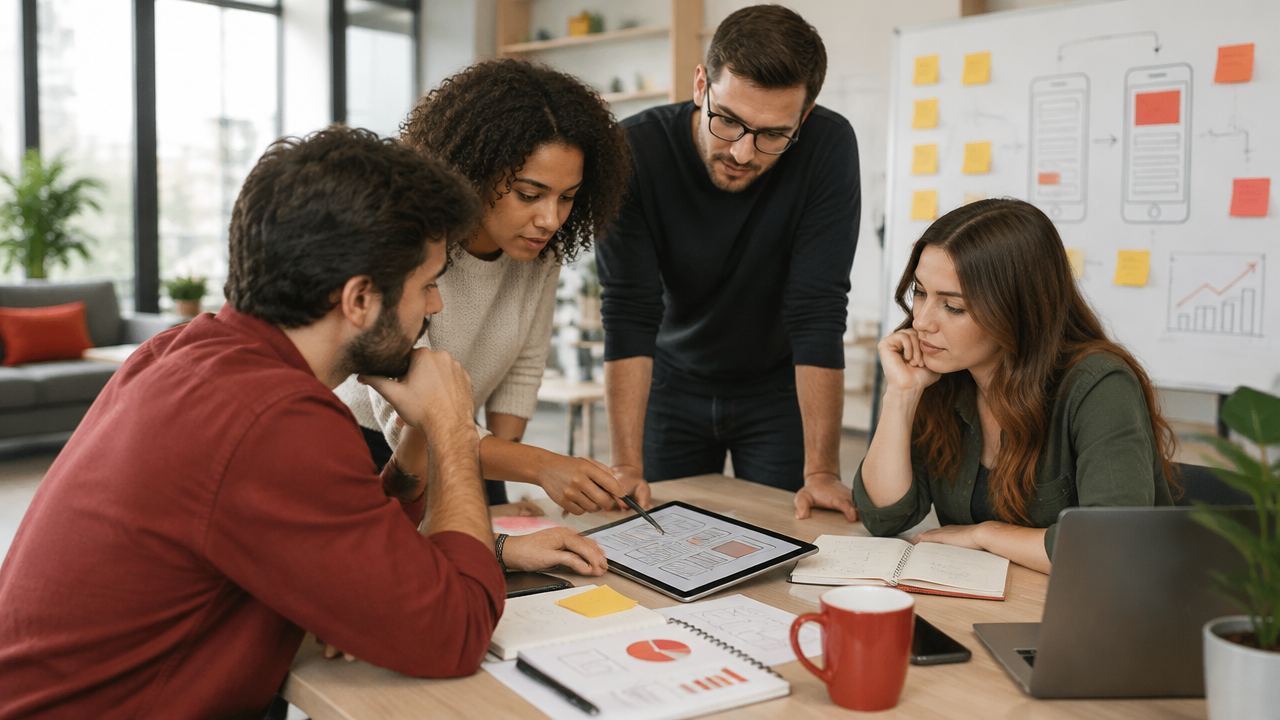 Equipe de startup planejando um MVP com quadro de hipóteses, métricas e protótipo de aplicativo