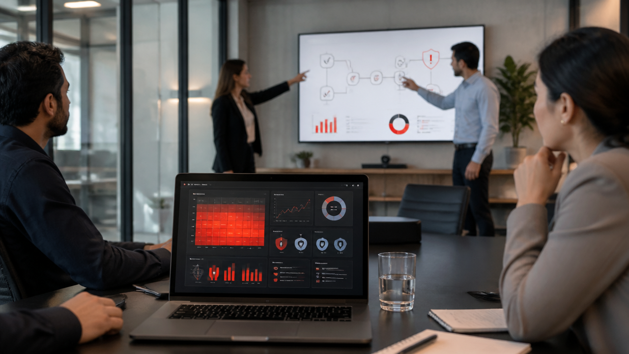 Equipe de tecnologia analisando riscos e controles de segurança em uma aplicação de IA