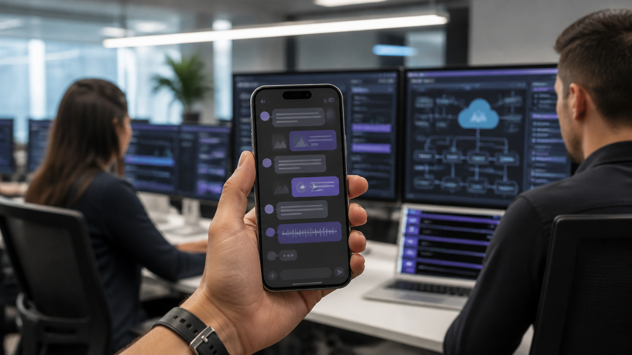 Equipe de tecnologia analisando um assistente de pedidos multimodal no WhatsApp com arquitetura em nuvem ao fundo