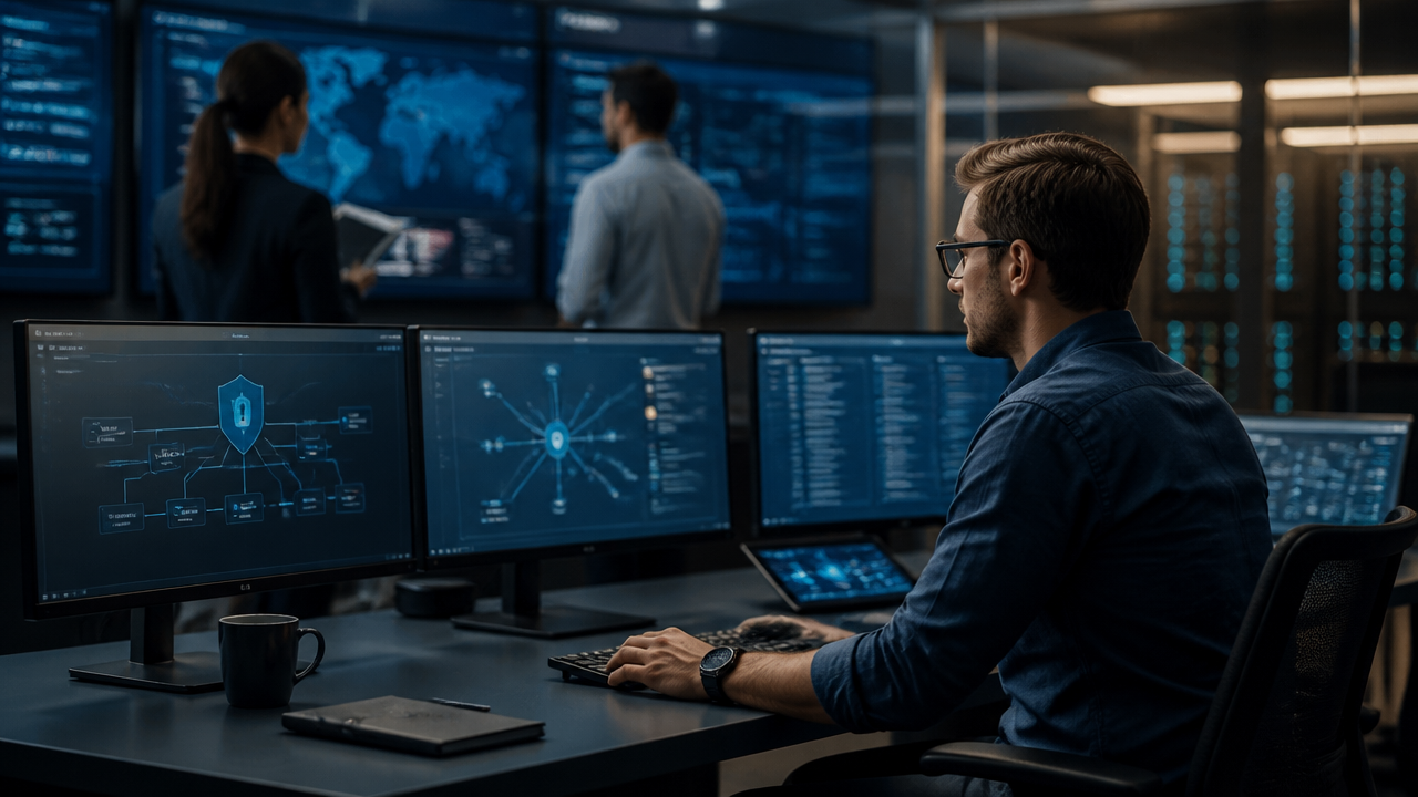 Equipe de tecnologia monitorando integrações, permissões e trilhas de auditoria em sistemas com IA.