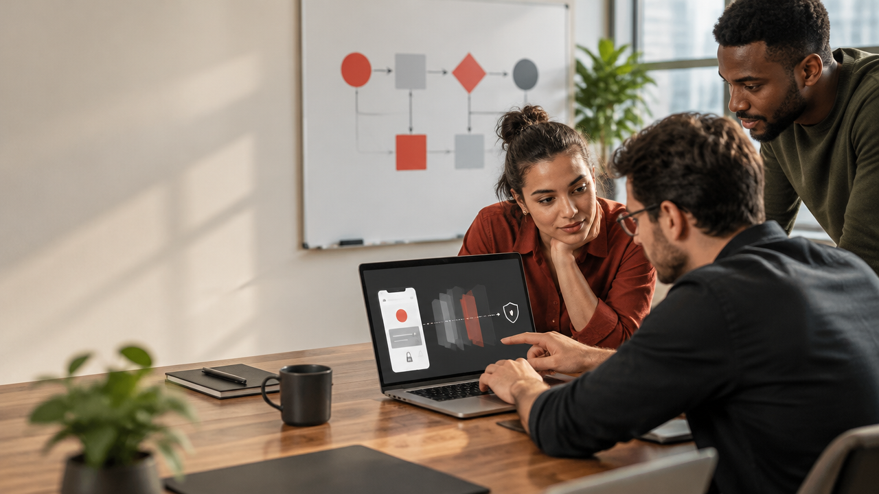 Equipe de tecnologia planejando um MVP de software com elementos visuais de segurança digital.