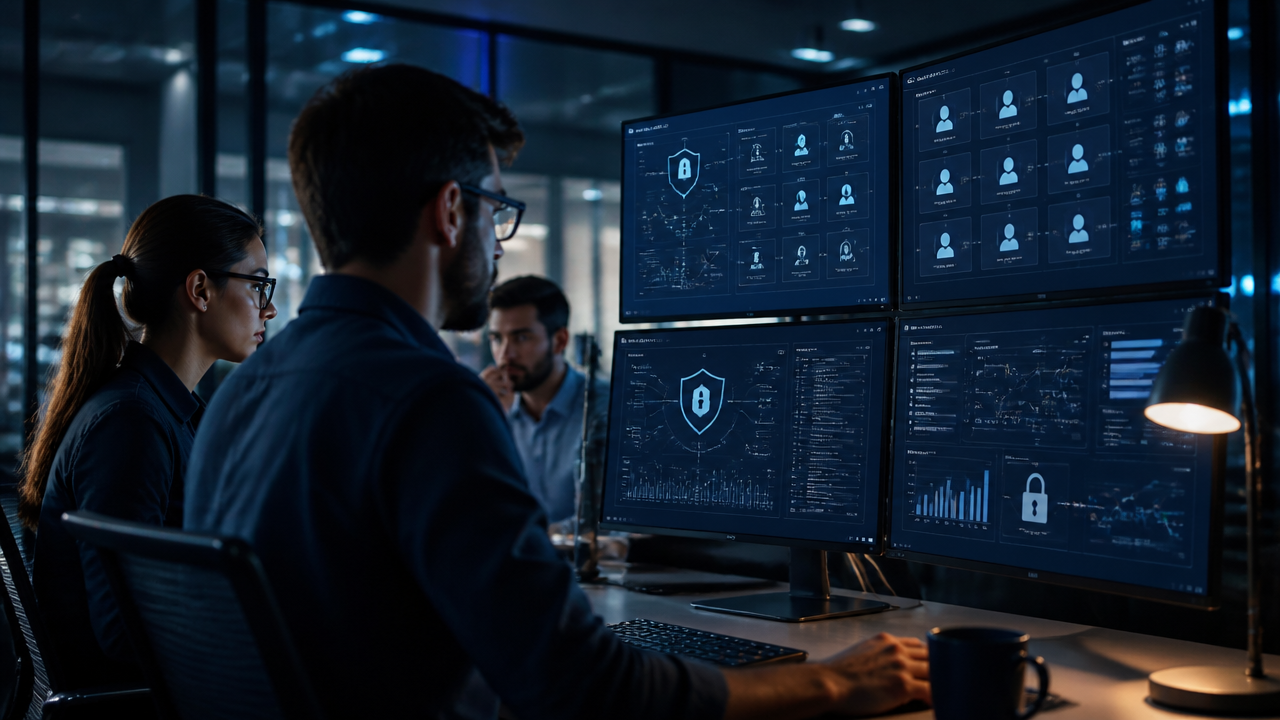 Equipe de tecnologia revisando segurança, acessos e governança em automações com IA