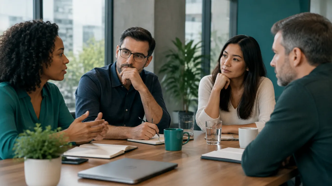 Equipe de trabalho conversa em reunião enquanto uma pessoa pondera se expressa uma opinião divergente.