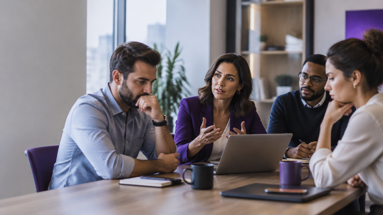 Equipe de trabalho em conversa mediada, transformando tensão entre colegas em escuta e cooperação
