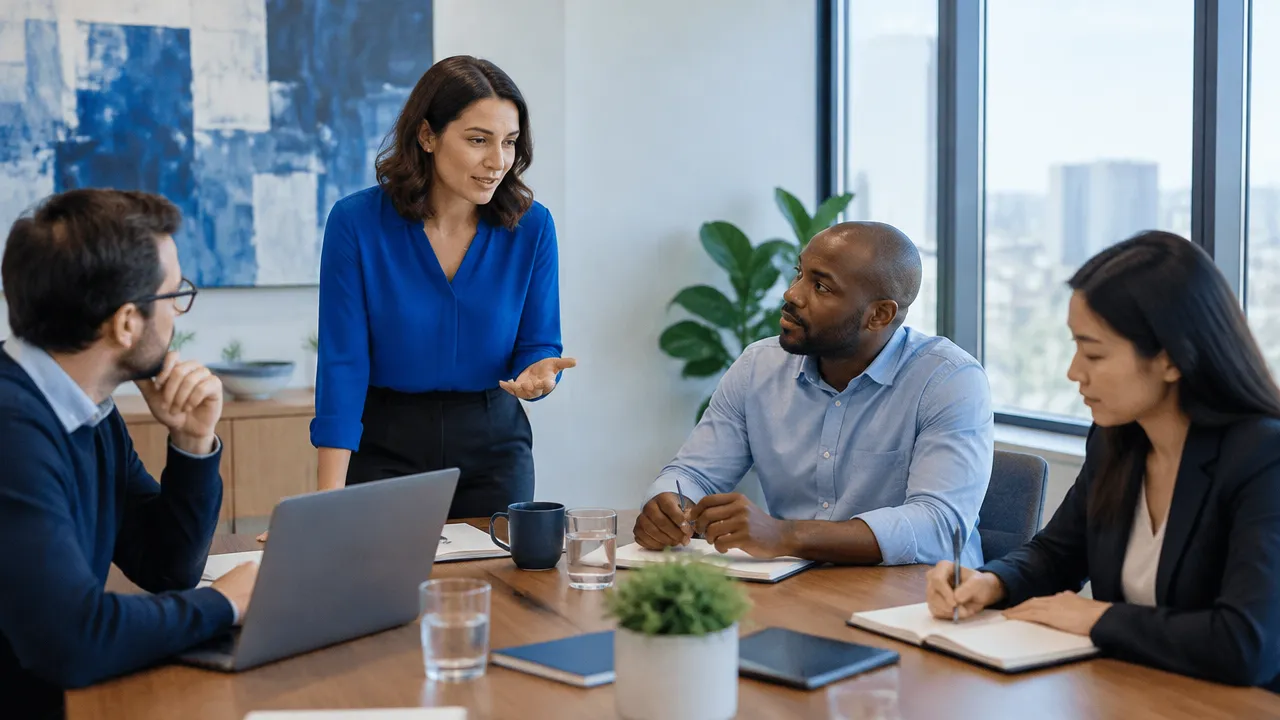 Equipe de trabalho revisando uma decisão com atenção e colaboração em reunião