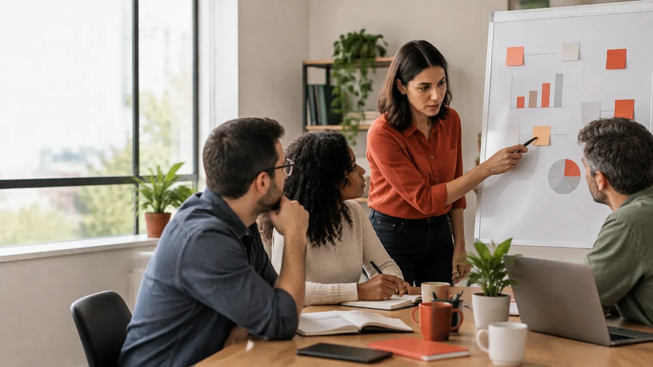 Equipe de uma pequena empresa alinhando prioridades e indicadores em uma reunião de gestão