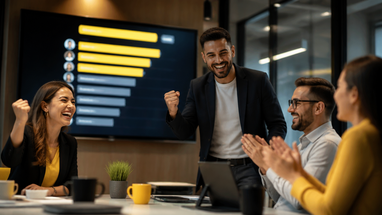 Equipe de vendas comemorando metas batidas e avanço em ranking de desempenho.