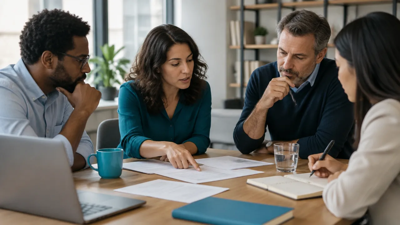 Equipe debatendo com respeito um dilema de prazo e qualidade para avaliar impactos de uma decisão empresarial.