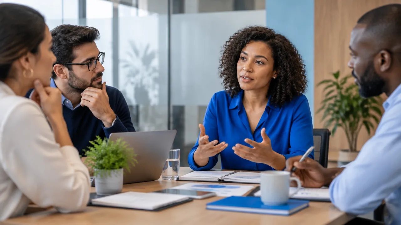 Equipe debatendo com transparência uma decisão profissional difícil