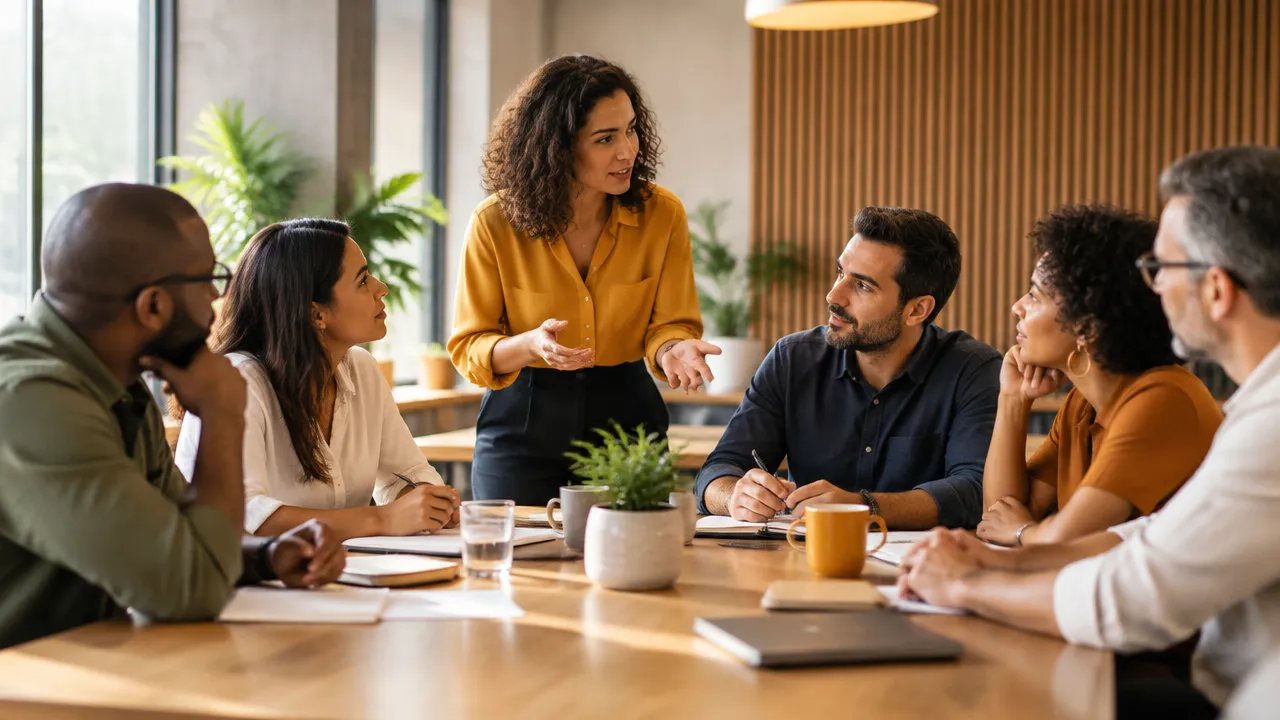 Equipe diversa colaborando em uma reunião acolhedora, representando a felicidade construída pelo impacto coletivo no trabalho.