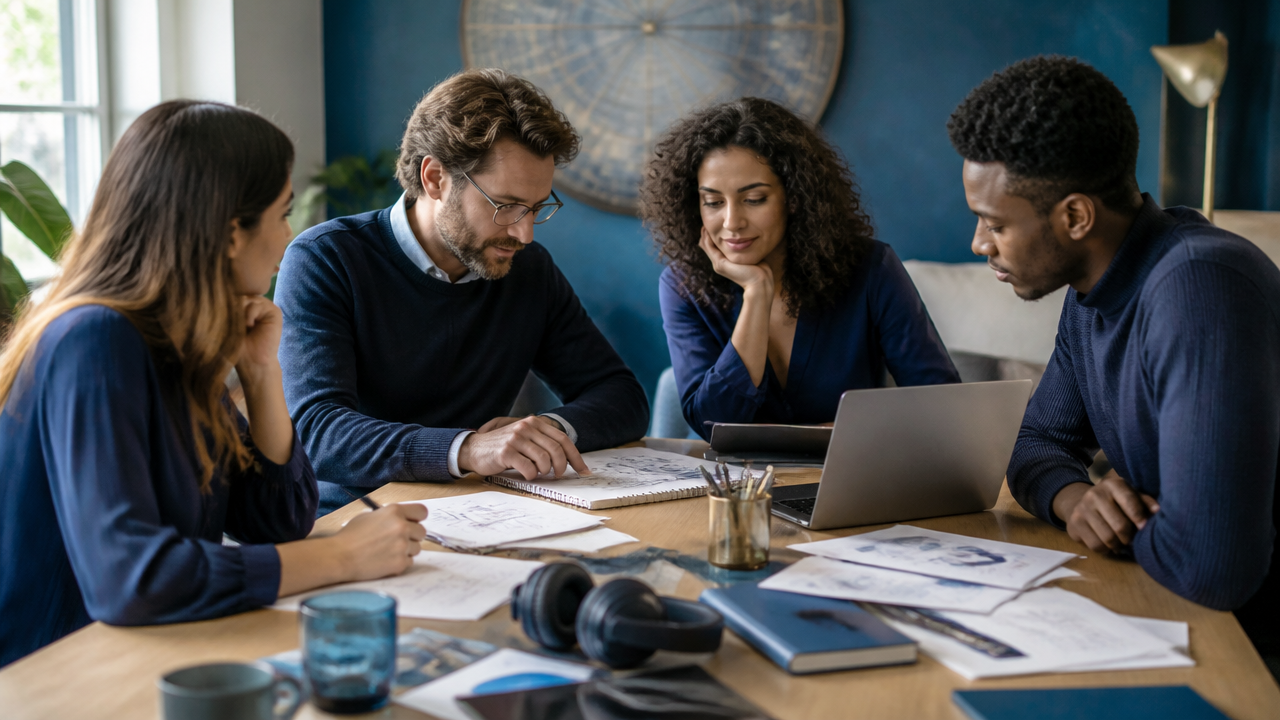 Equipe diversa colaborando no trabalho com referência sutil a talentos astrológicos