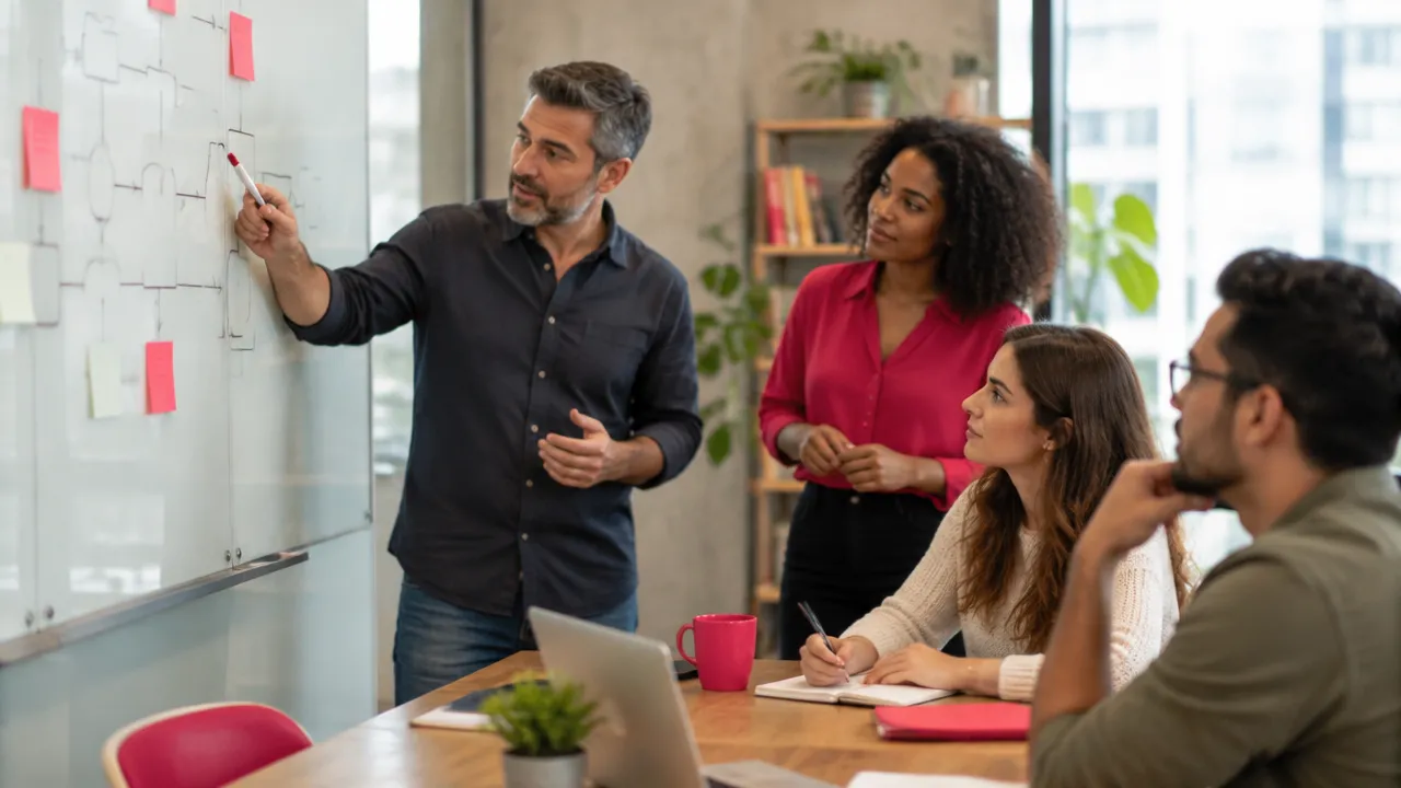 Equipe diversa compartilhando práticas e registrando aprendizados durante uma transição de funções