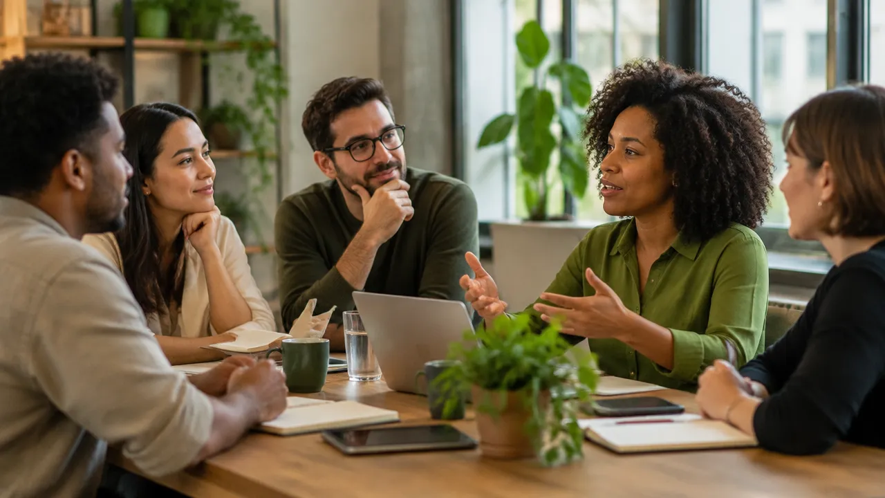 Equipe diversa conversa com atenção em uma reunião de trabalho acolhedora