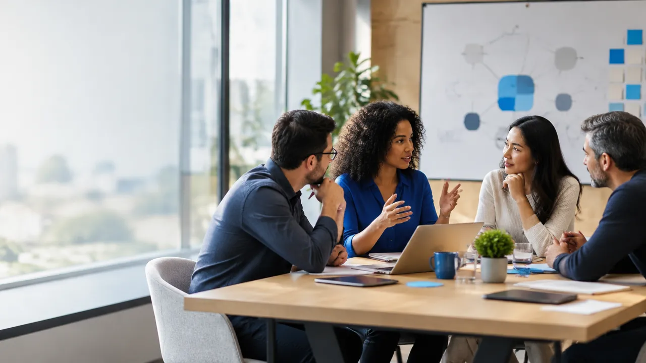 Equipe diversa conversa com confiança em uma sessão de inovação aberta empresarial