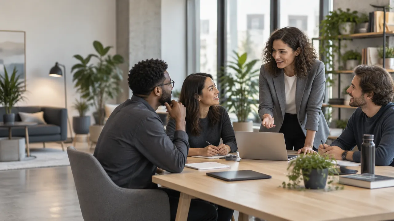 Equipe diversa conversa com tranquilidade em um escritório iluminado, representando uma cultura de bem-estar no trabalho.