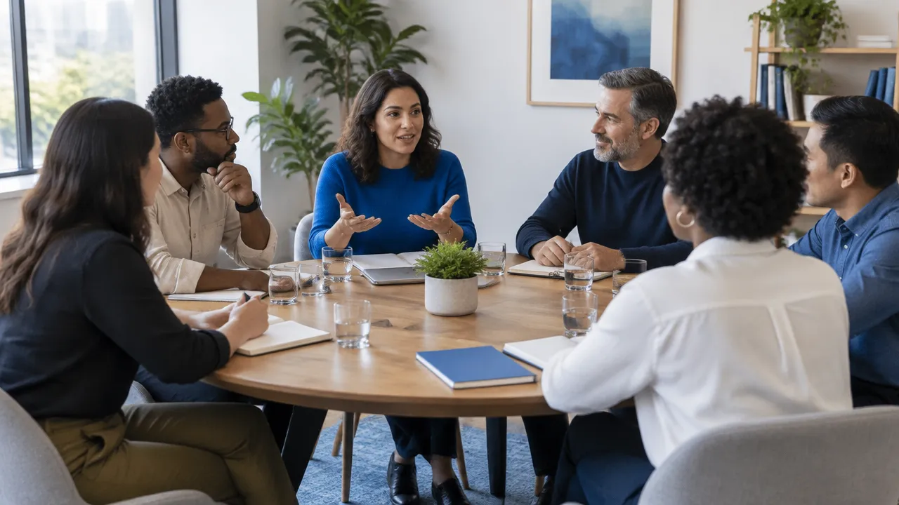 Equipe diversa conversa em círculo para revisar com cuidado um ritual de reunião institucional.