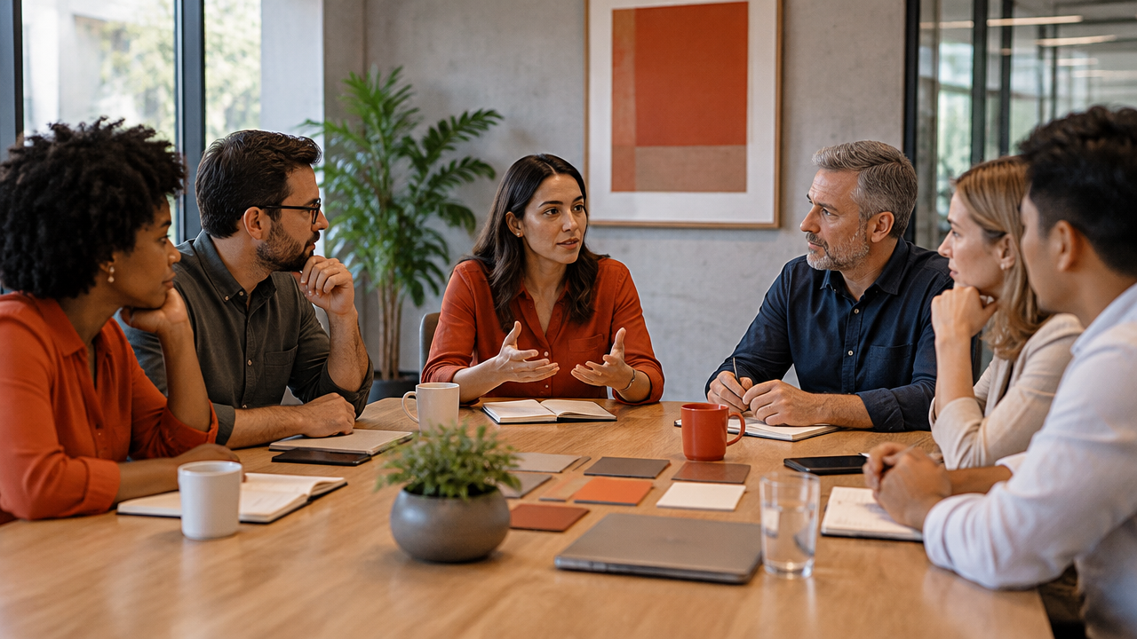 Equipe diversa dialoga em torno de uma mesa para construir uma decisão compartilhada.