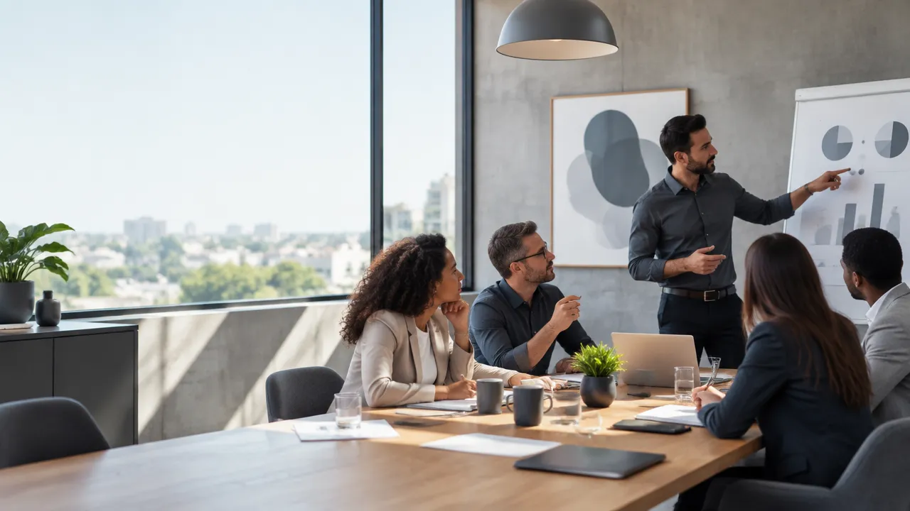 Equipe diversa discutindo decisões empresariais que conciliam resultados financeiros e impacto humano
