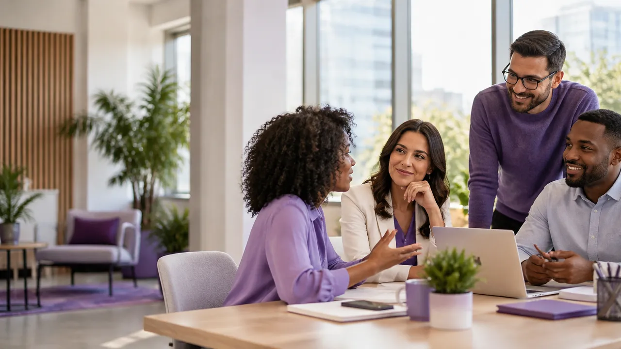 Equipe diversa em conversa colaborativa num escritório iluminado, com uma liderança que escuta e promove um ambiente de trabalho saudável.