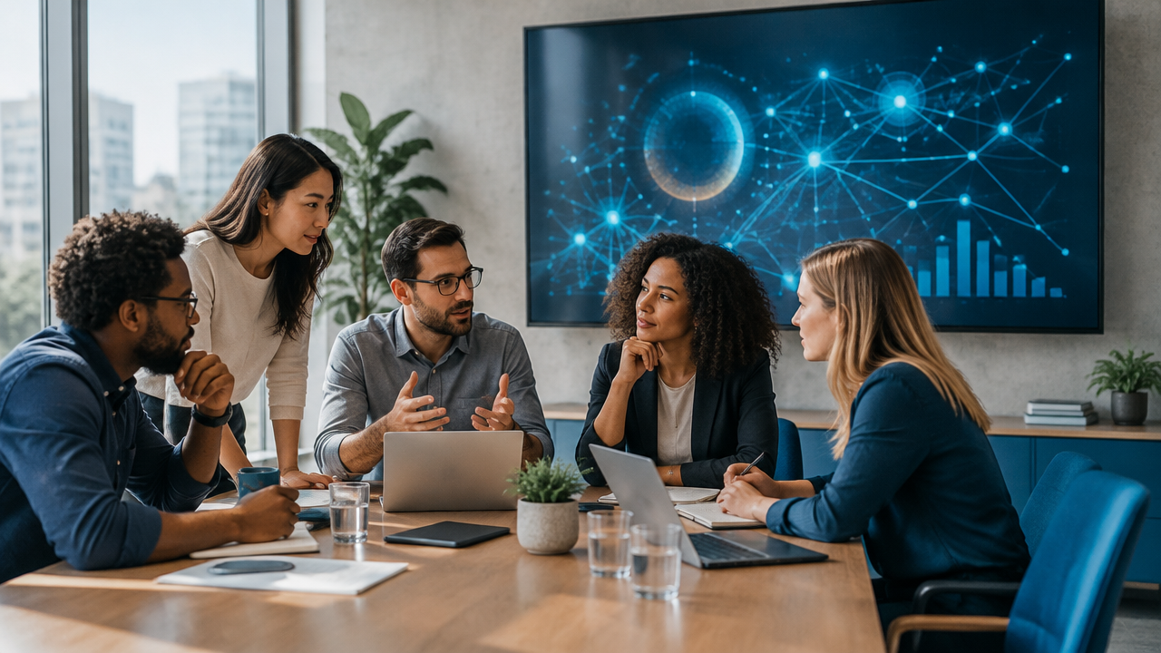 Equipe diversa em reunião analisa dados algorítmicos sem perder a colaboração humana