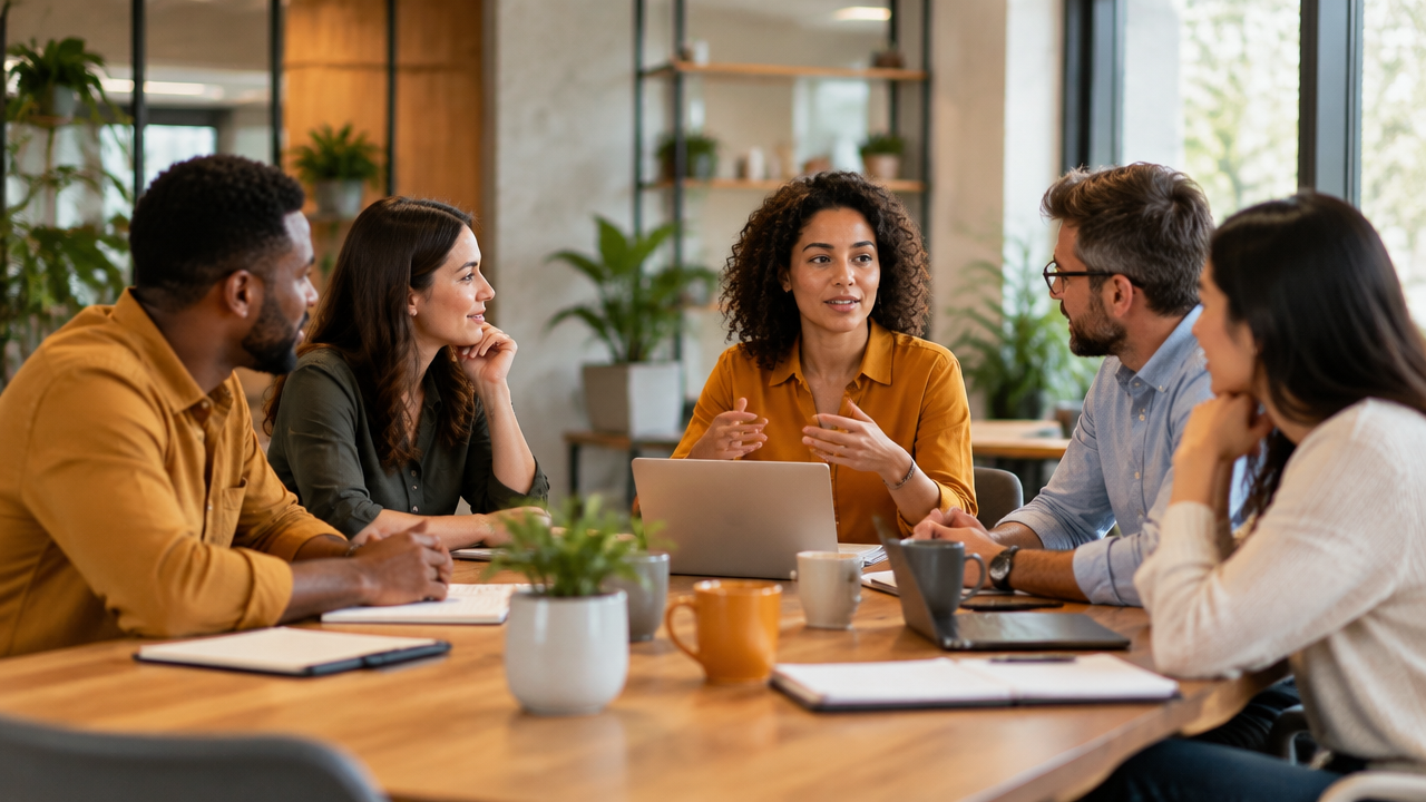 Equipe diversa em reunião colaborativa, ouvindo com atenção em um ambiente de trabalho acolhedor