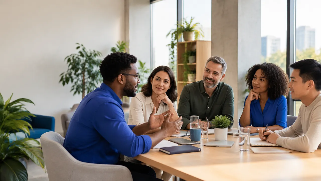 Equipe diversa em reunião escuta diferentes opiniões com respeito e colaboração